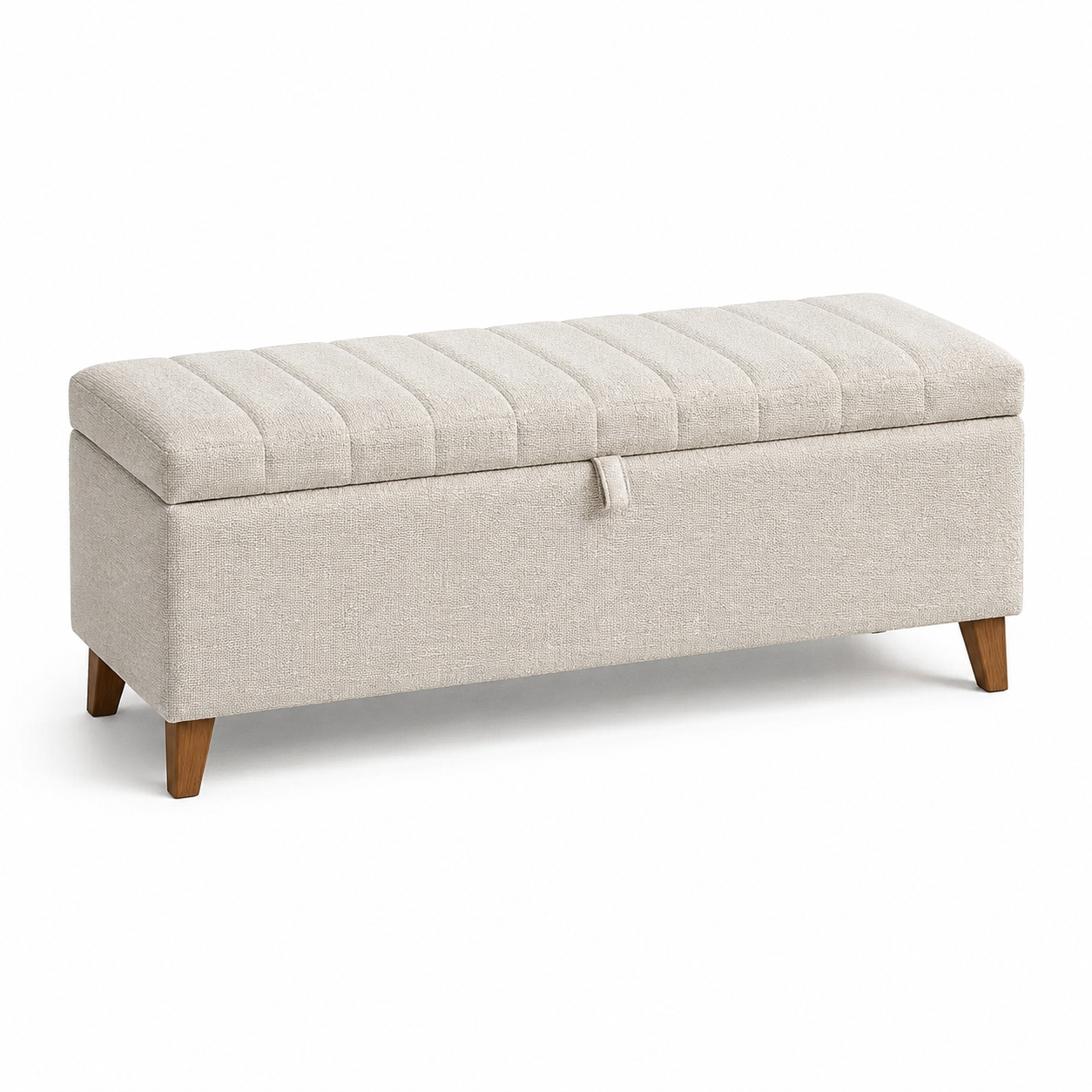 Gepolsterte Aufbewahrungsbank mit Stauraum, 110 × 40 × 45 cm, Beige mit braunen Holzbeinen