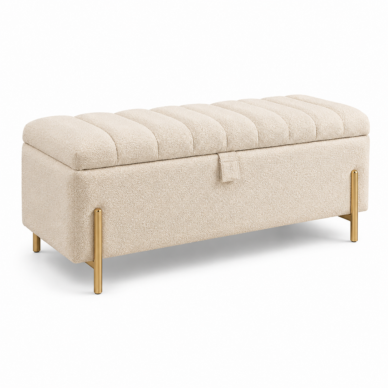 Gepolsterte Sitzbank mit Stauraum, Bouclé-Bezug in Creme, goldenes Metallgestell, 110 × 40 × 45 cm
