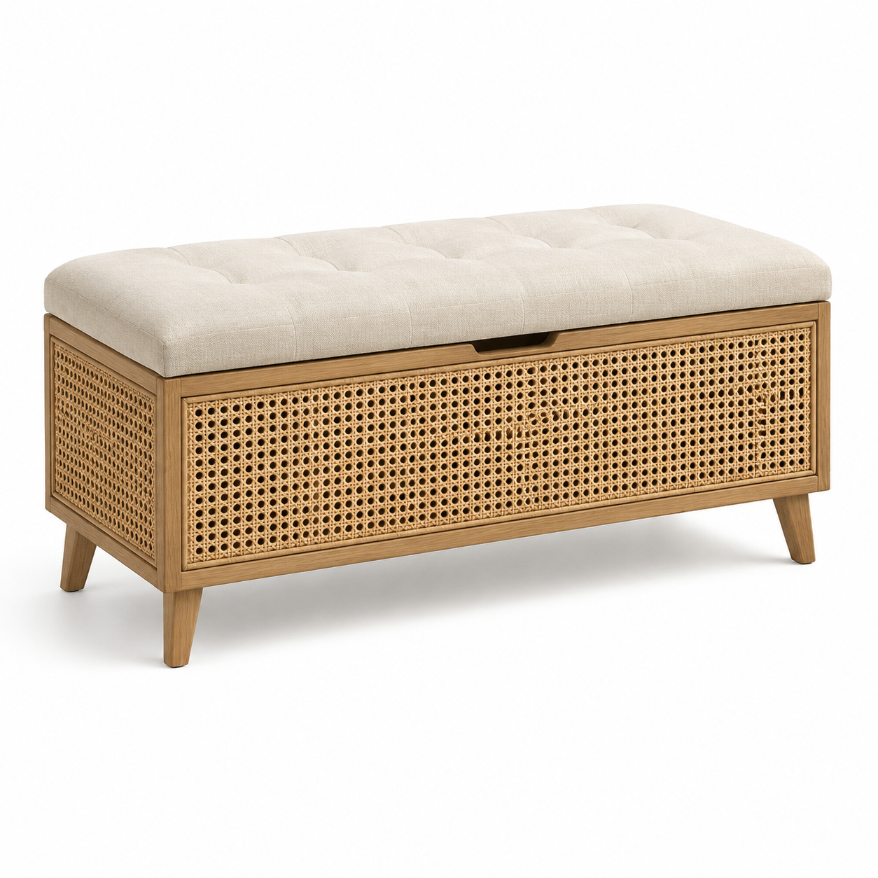 Gepolsterte Sitzbank mit Stauraum aus Holz und Rattan, Natur/Beige, 120 × 40 × 50 cm