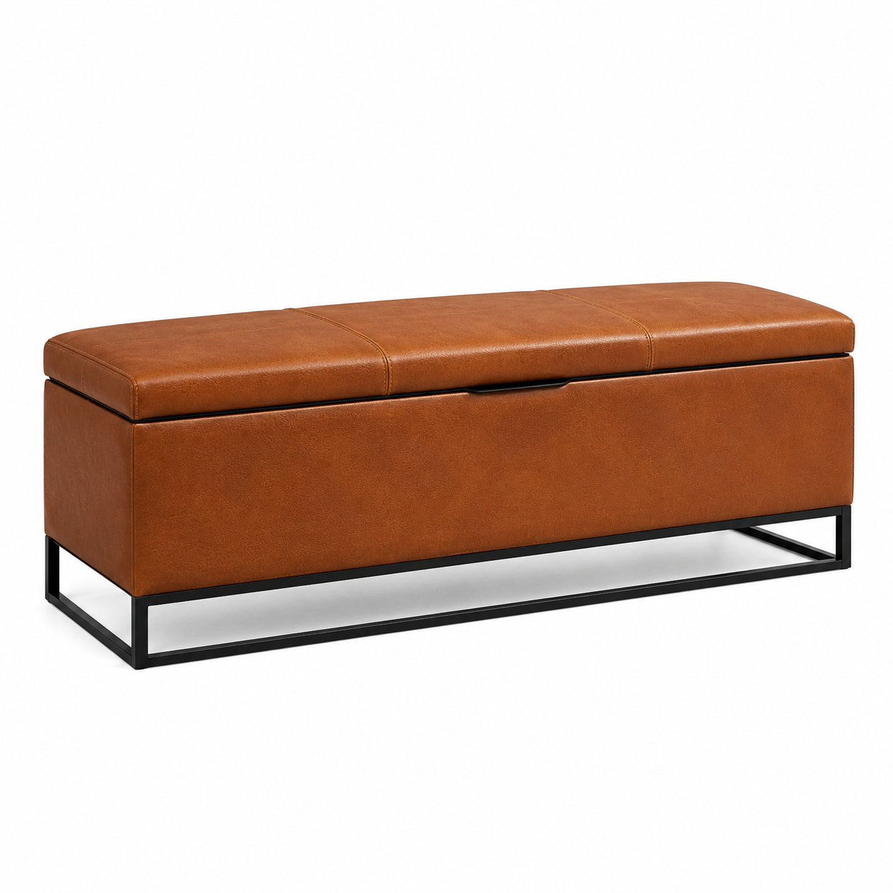 Gepolsterte Aufbewahrungsbank aus braunem Kunstleder mit schwarzem Metallgestell, 120 × 40 × 45 cm