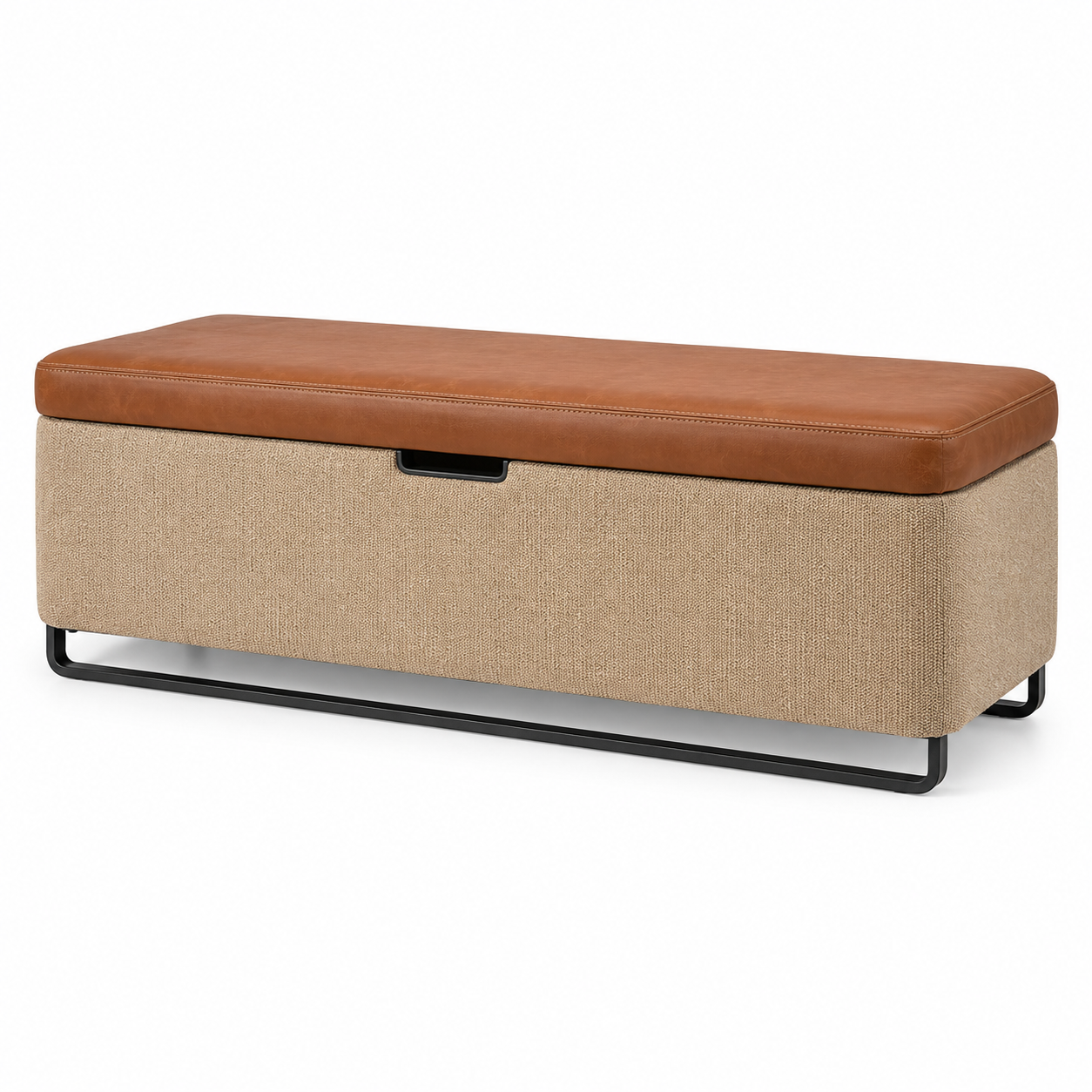 Gepolsterte Sitzbank mit Stauraum, 120 × 40 × 45 cm, Beige/Braun mit schwarzem Metallgestell