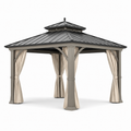 Gartenpavillon aus Metall mit festem Dach und Vorhängen, 300 × 300 × 310 cm, Anthrazit/Taupe/Creme