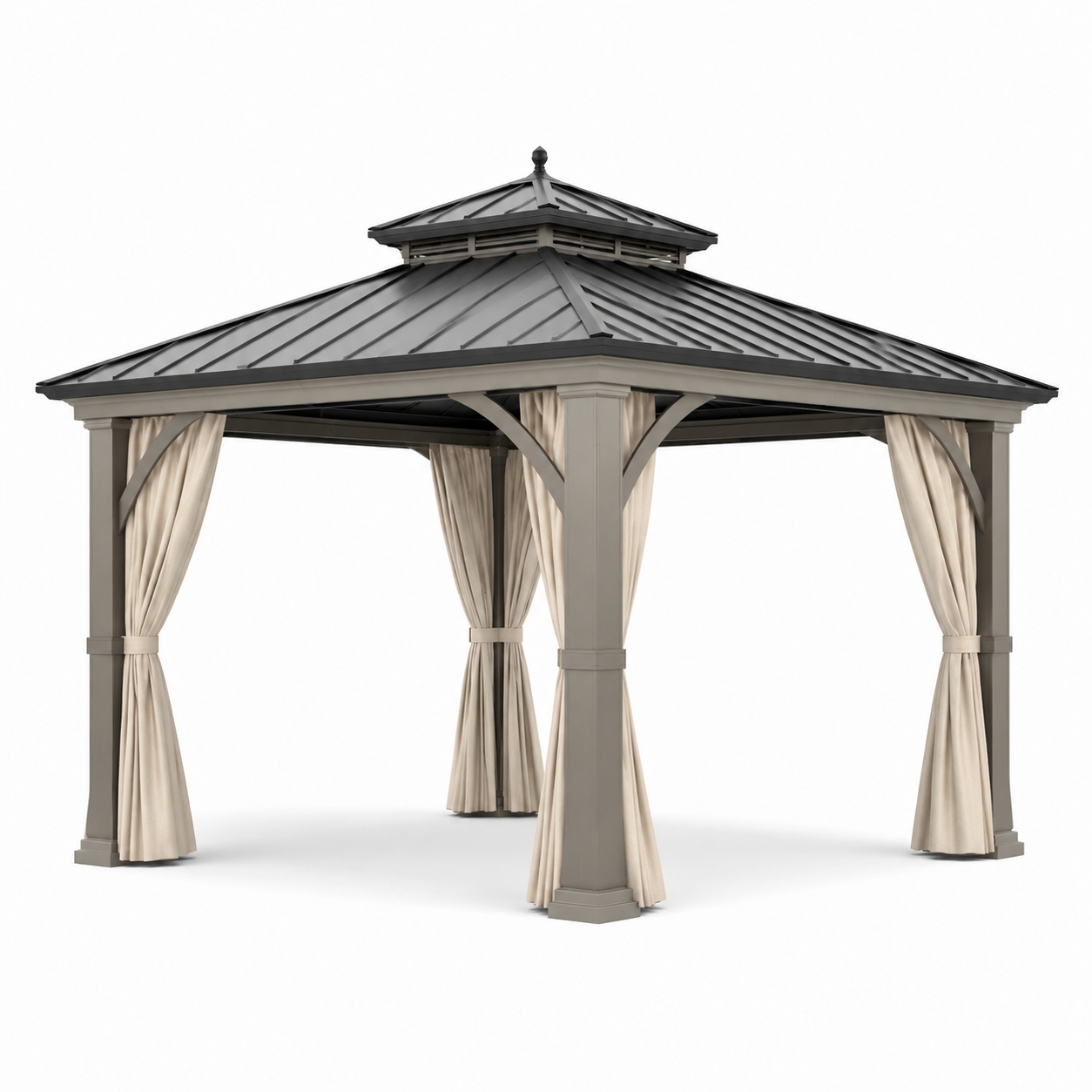 Gartenpavillon aus Metall mit festem Dach und Vorhängen, 300 × 300 × 310 cm, Anthrazit/Taupe/Creme