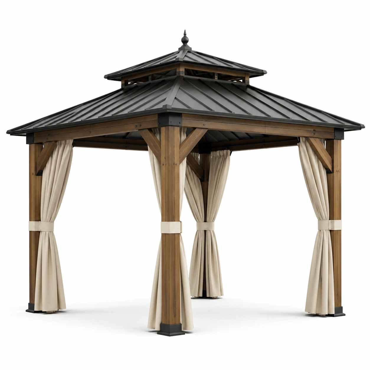 Quadratischer Gartenpavillon 300 × 300 × 290 cm aus Holz und Metall mit Doppeldach und Vorhängen, Braun/Anthrazit/Beige