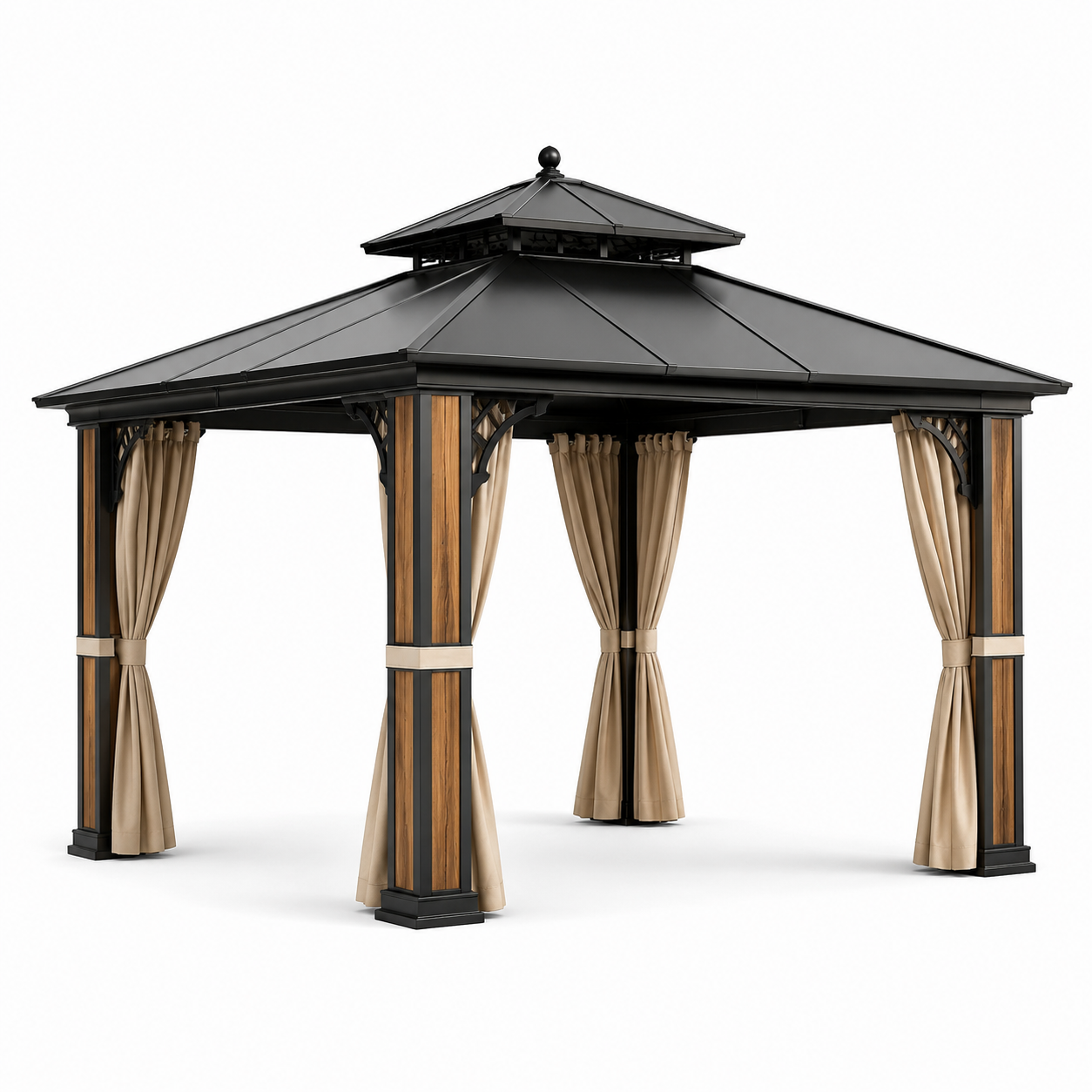 Hardtop-Gartenpavillon mit Vorhängen, 400 × 300 × 310 cm, Anthrazit/Braun/Beige