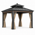 Gartenpavillon 300 × 300 × 315 cm aus Metall, Anthrazit/Braun/Beige, mit festem Doppeldach und Vorhängen