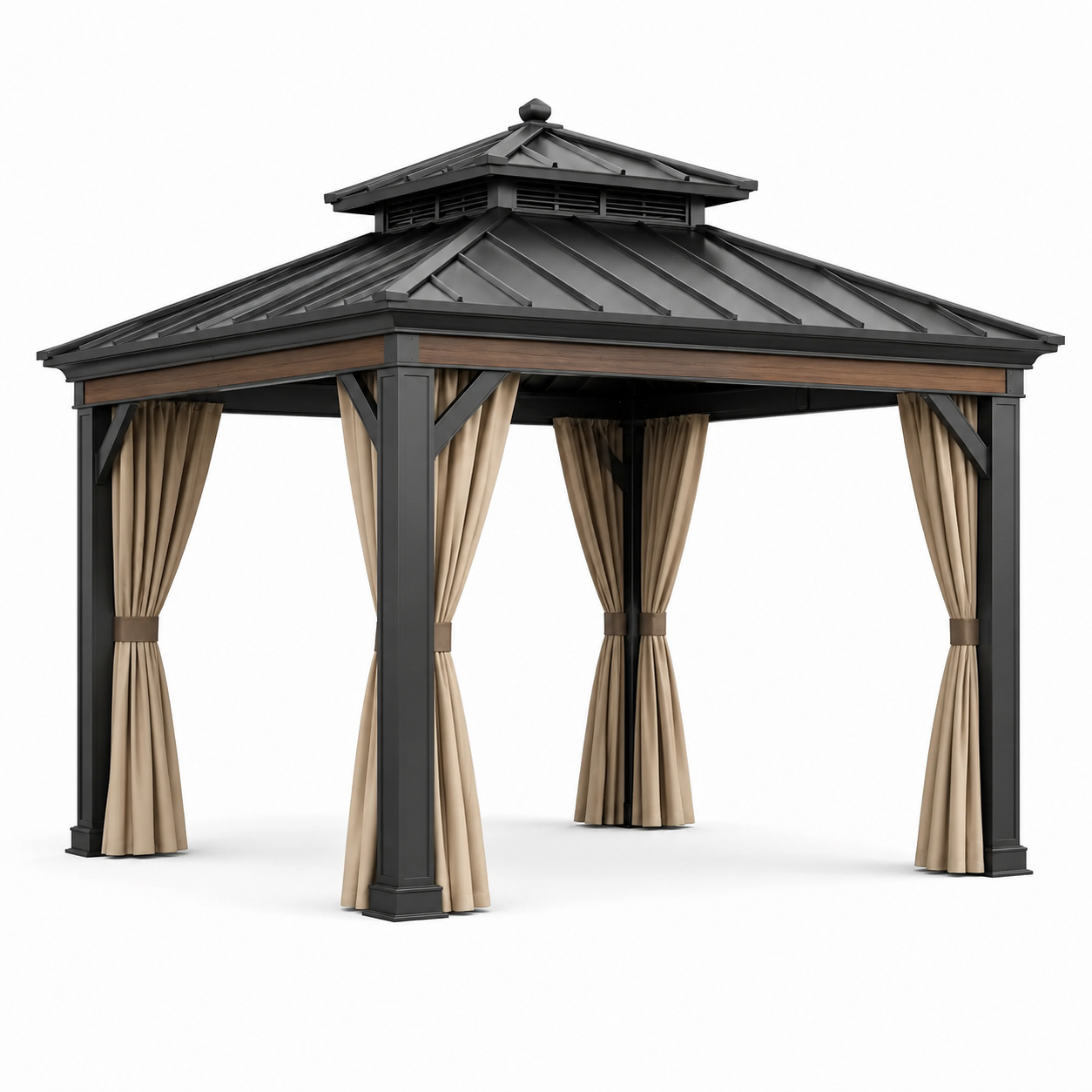 Gartenpavillon 300 × 300 × 315 cm aus Metall, Anthrazit/Braun/Beige, mit festem Doppeldach und Vorhängen