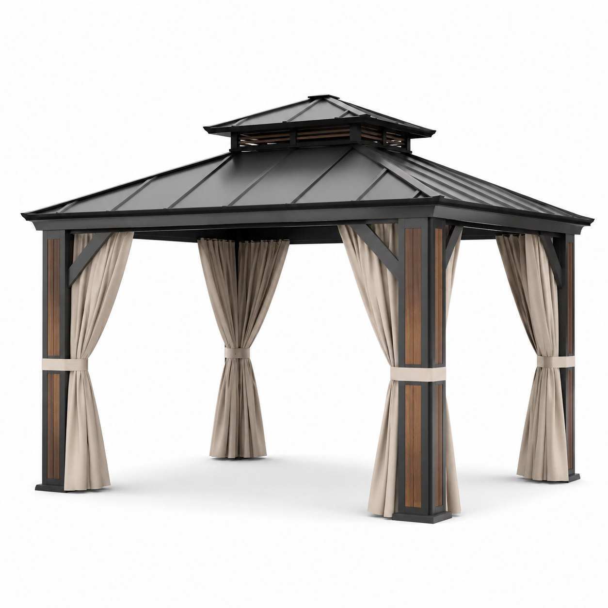 Gartenpavillon mit Festdach und Vorhängen, 400 × 300 × 280 cm, Anthrazit/Braun/Beige