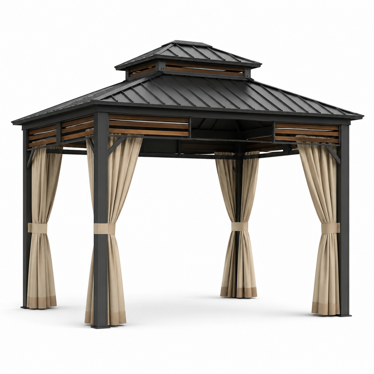 Gartenpavillon mit festem Metalldach und Vorhängen, 360 × 300 × 290 cm, Anthrazit/Beige/Braun