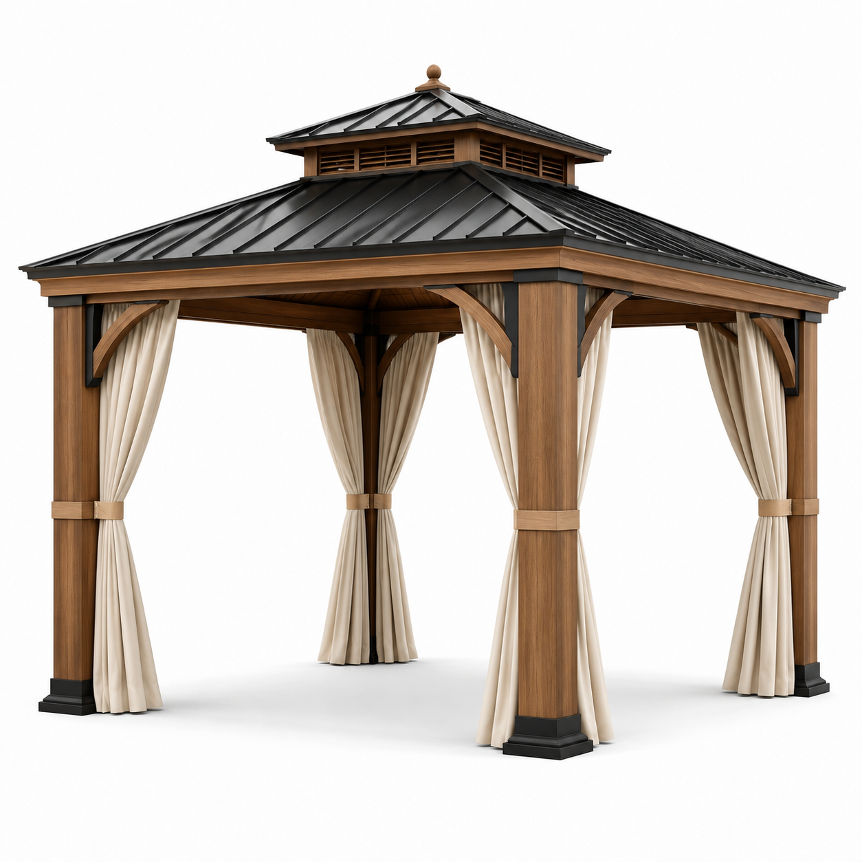 Gartenpavillon 300 × 300 × 310 cm aus braunem Holz mit schwarzem Metalldach und cremefarbenen Vorhängen
