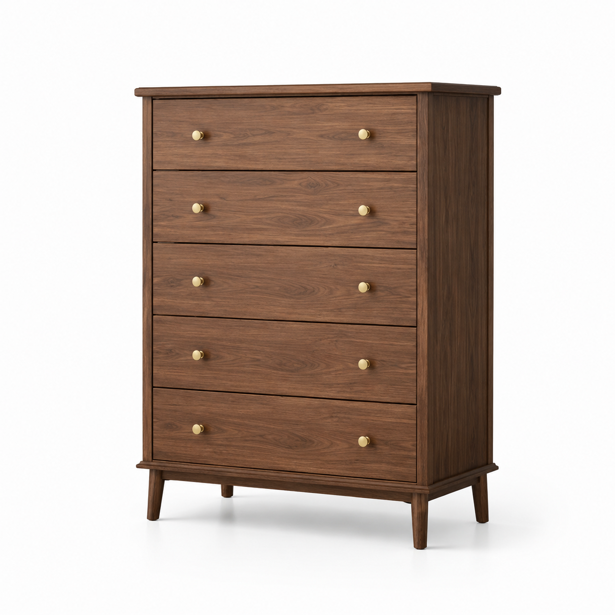 Hohe Schubladenkommode aus Holzwerkstoff mit 5 Schubladen, Braun/Goldfarben, 90 × 45 × 120 cm (B × T × H), Mid-Century-Stil