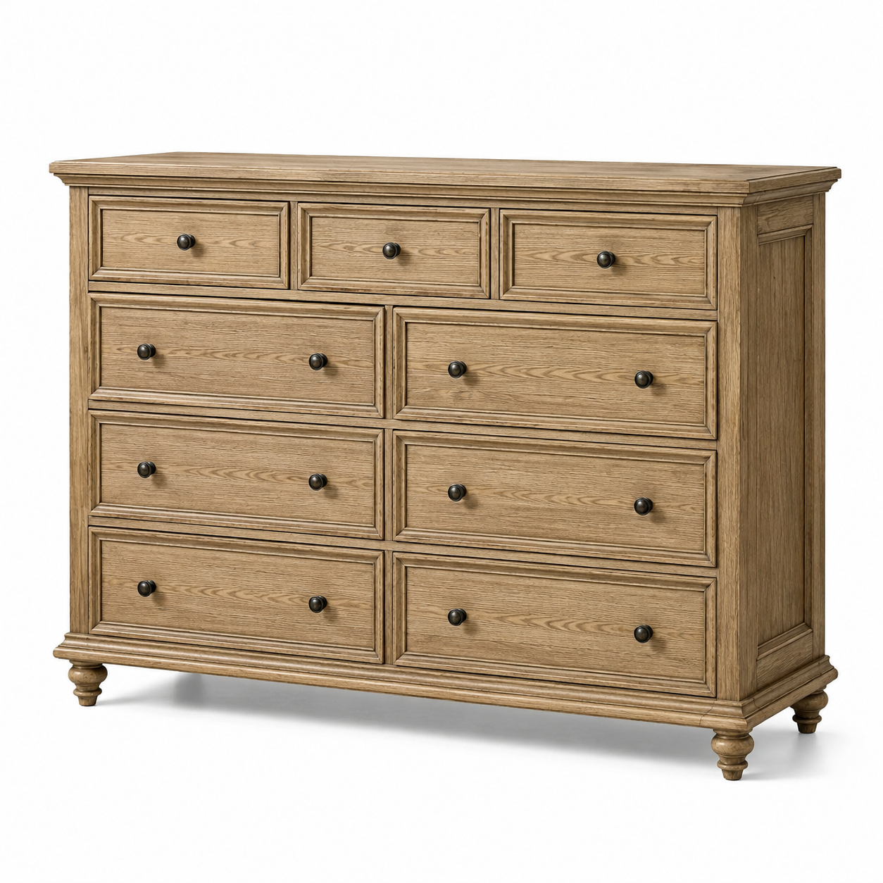 Holzkommode mit 9 Schubladen, Naturbraun/Schwarz, 150 × 45 × 110 cm, Landhausstil