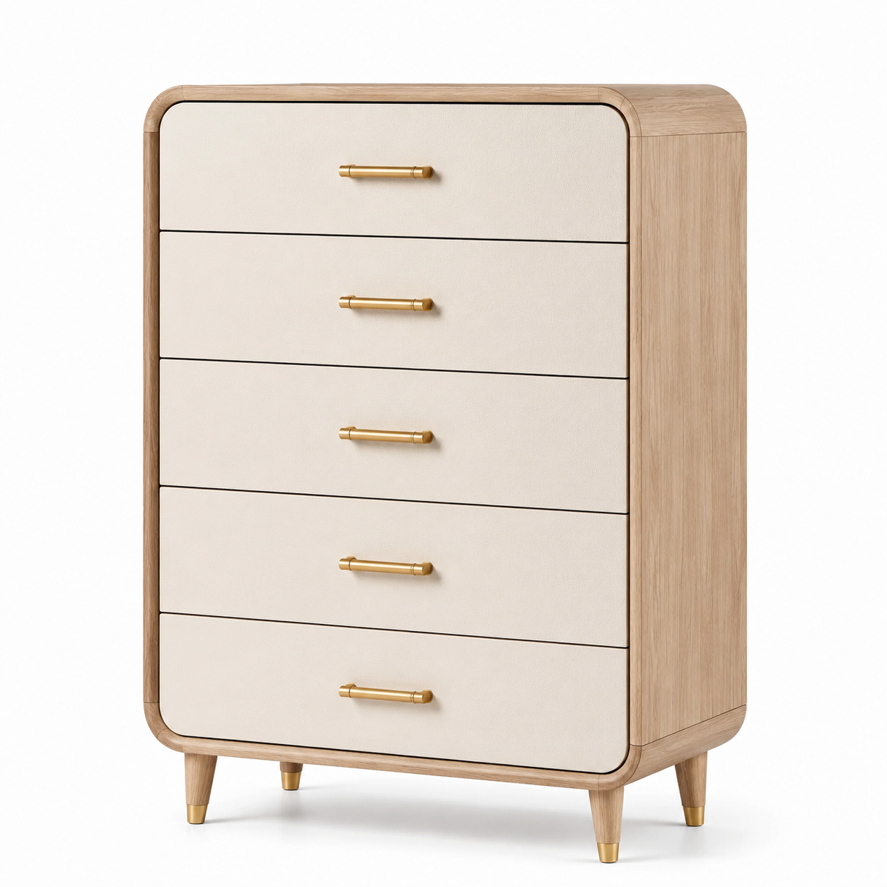 Hohe Kommode mit 5 Schubladen, Natur/Creme/Gold, 80 × 42 × 110 cm