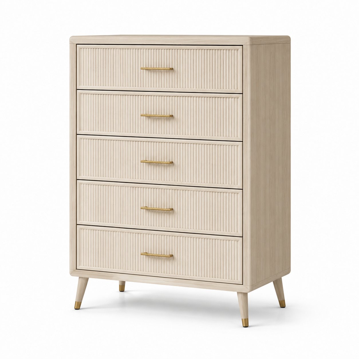 Hohe Kommode mit 5 geriffelten Schubladen, Beige/Gold, 80 × 40 × 115 cm