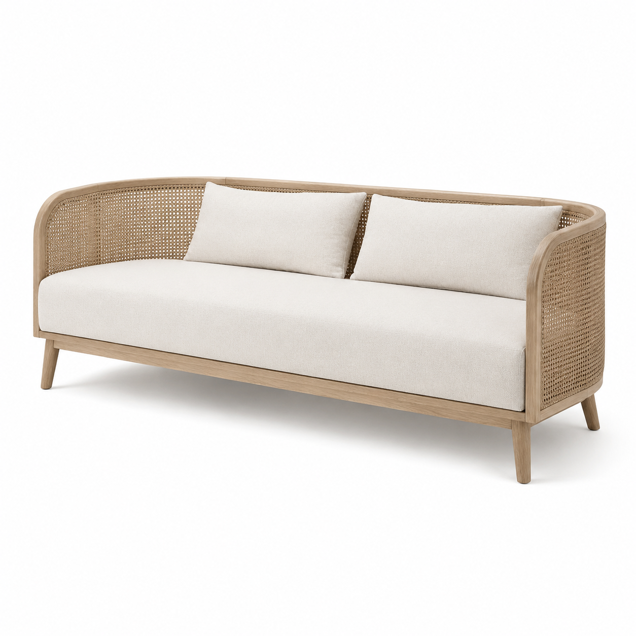 3-Sitzer-Sofa im Japandi-Stil, 210 × 82 × 78 cm, Holz mit Rattangeflecht und Textilpolsterung, Creme/Natur