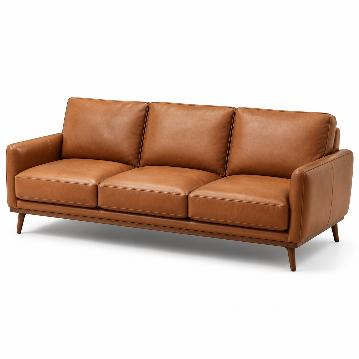 3-Sitzer-Sofa in Cognacbraun/Dunkelbraun, 220 × 88 × 82 cm, Lederoptik mit Holzfüßen