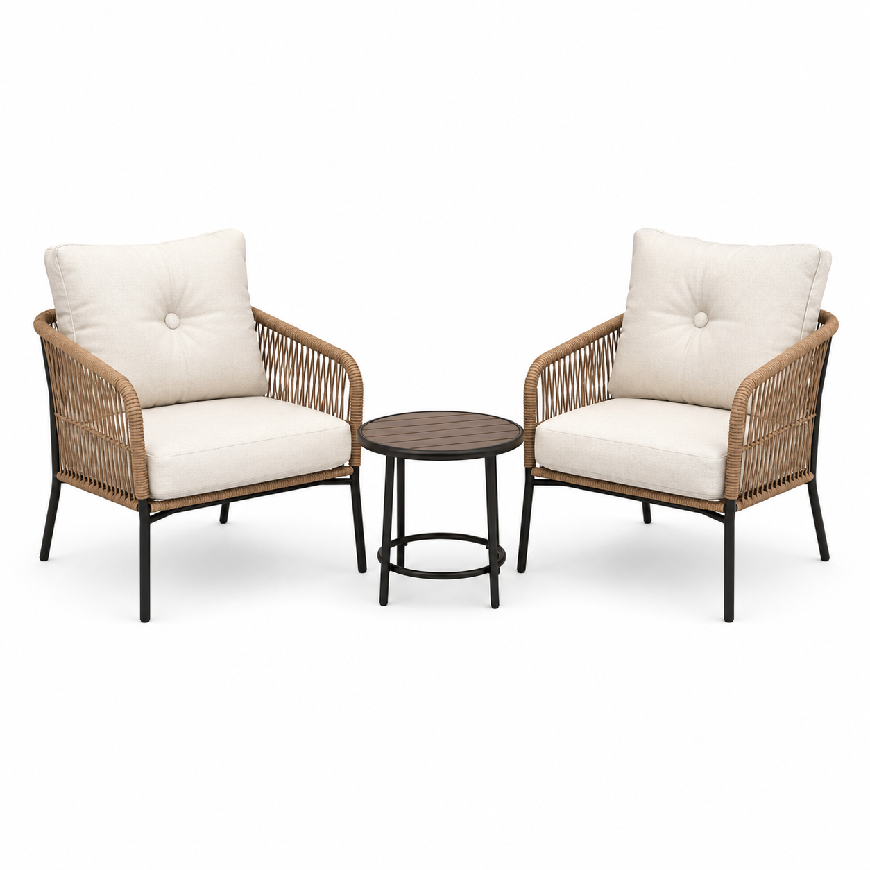 3-teiliges Gartenmöbel-Set mit 2 Loungesesseln 76 × 78 × 84 cm und rundem Beistelltisch Ø 50 × 45 cm – Beige/Braun/Schwarz
