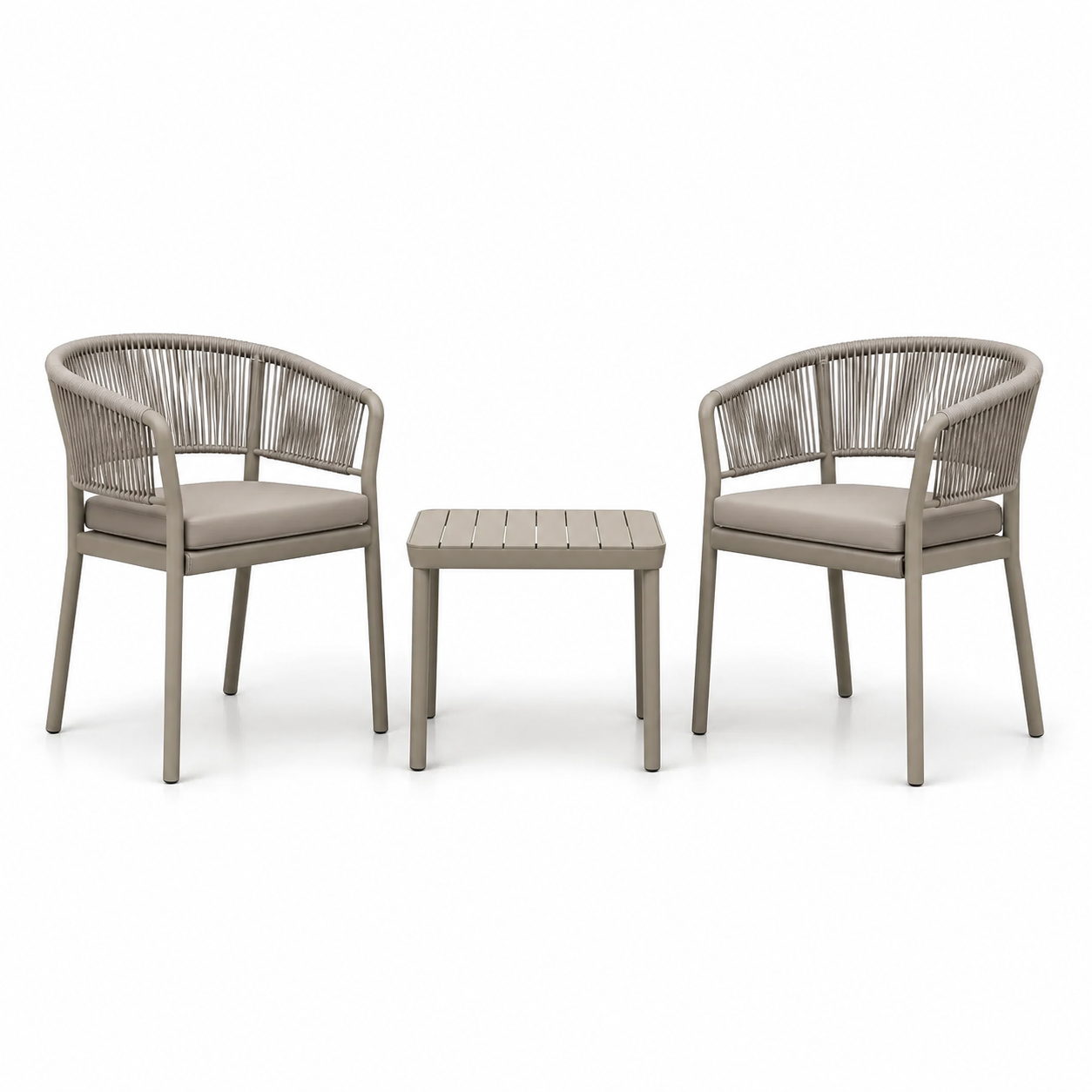 3-teilige Garten-Sitzgruppe in Taupe, 2 Sessel 60 × 60 × 78 cm und Beistelltisch 50 × 45 × 45 cm