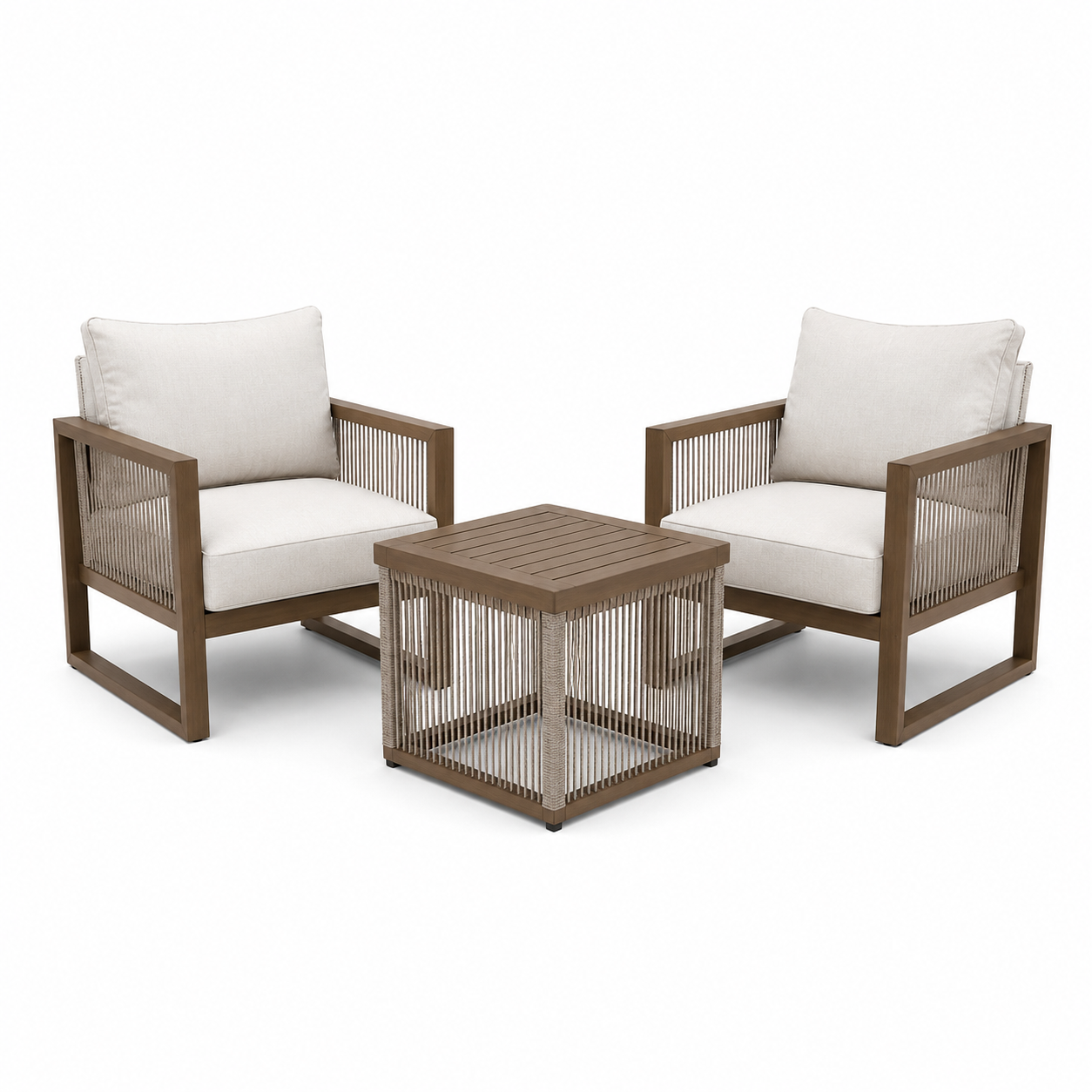 3-teiliges Gartenmöbel-Set mit Seilgeflecht, 2 Sessel je 76 × 78 × 79 cm und Beistelltisch 55 × 55 × 47 cm, Braun/Beige