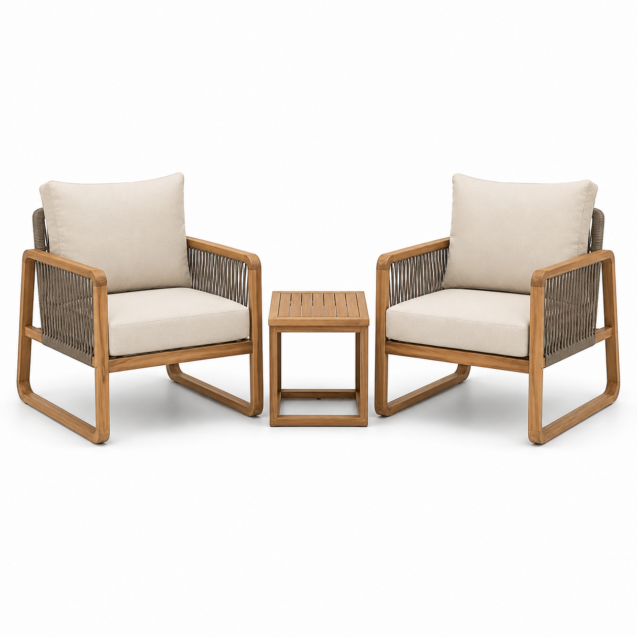 3-teilige Gartenmöbelgarnitur mit 2 Loungesesseln 74 × 78 × 82 cm und Beistelltisch 45 × 45 × 45 cm, Beige/Naturbraun/Dunkelbraun
