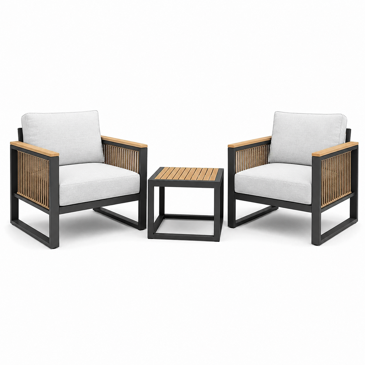 3-teiliges Gartenmöbel-Set mit 2 Sesseln 75 × 76 × 78 cm und Beistelltisch 50 × 50 × 48 cm, Grau/Schwarz/Naturbraun