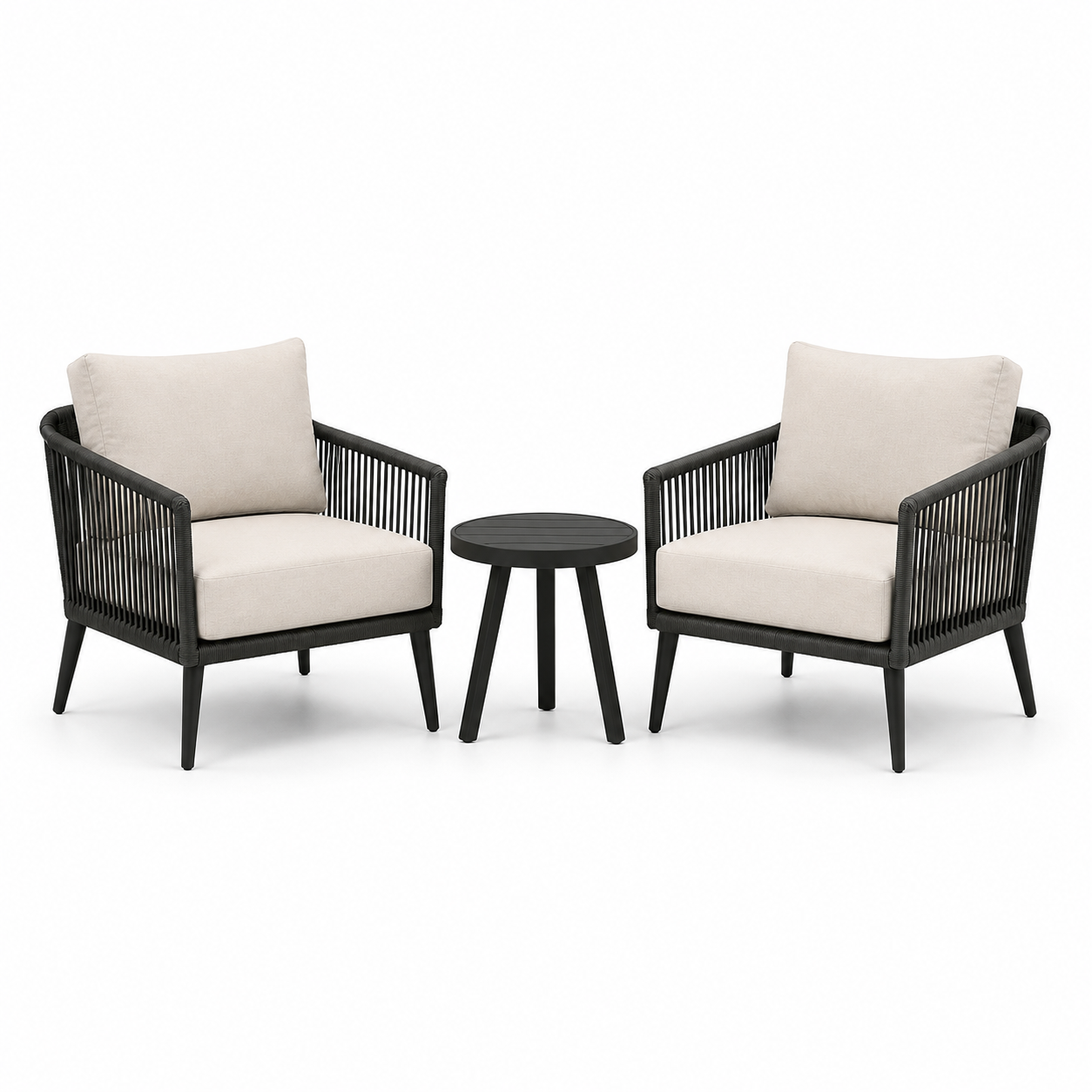 3-teiliges Gartenmöbel-Set mit 2 Loungesesseln 74 × 78 × 80 cm und Beistelltisch 50 × 48 cm, Schwarz/Beige