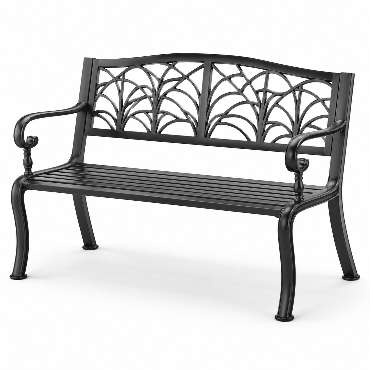 Metall-Gartenbank für 2 Personen mit Blättermotiv, 127 × 60 × 87 cm, Schwarz
