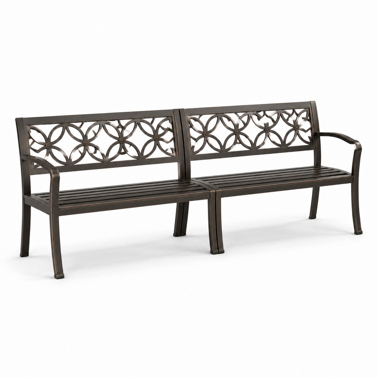 Metall-Gartenbank für 4 Personen, 185 x 58 x 85 cm, Dunkelbraun/Bronze, ornamentale Rückenlehne