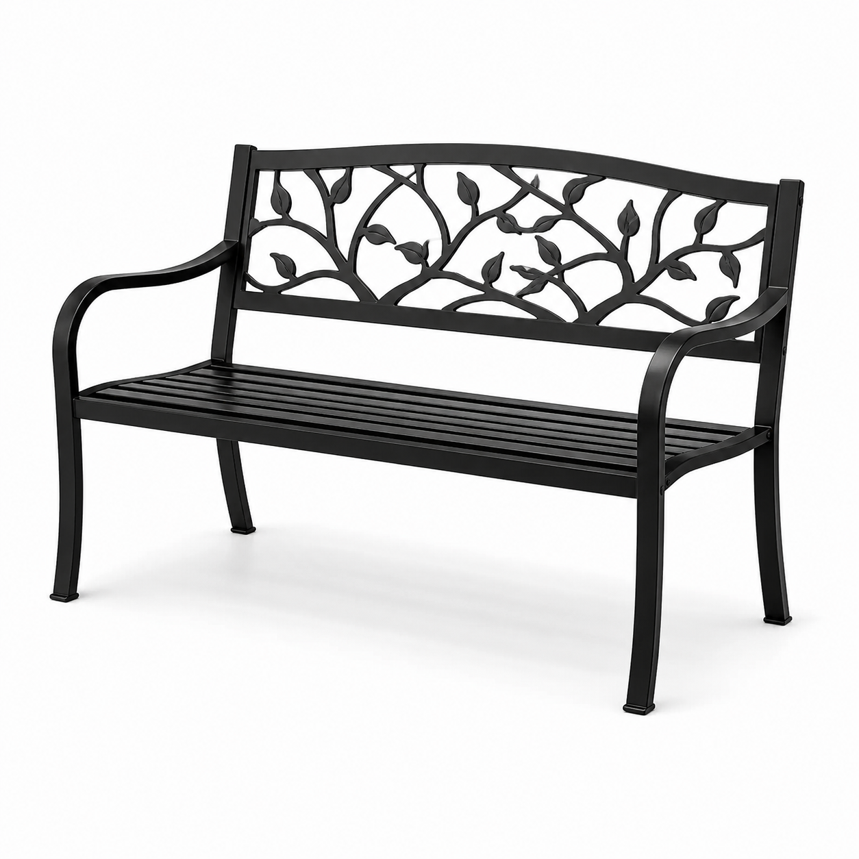 Metall-Gartenbank mit Blättermotiv, Schwarz, 127 × 60 × 87 cm