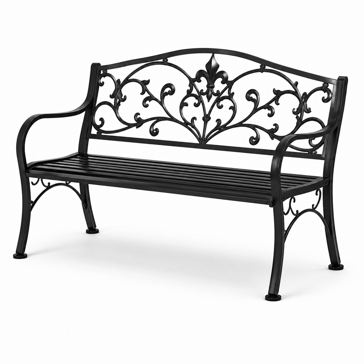 Schwarze Metall-Gartenbank mit floraler Rückenlehne im Vintage-Stil, 127 × 60 × 87 cm