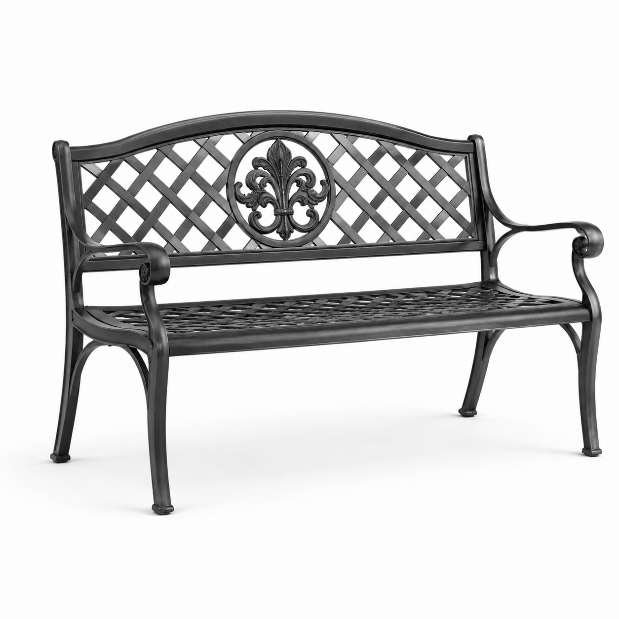 Zweisitzige Gartenbank aus Metall mit floralem Gitterdekor, 127 × 60 × 86 cm, Schwarz
