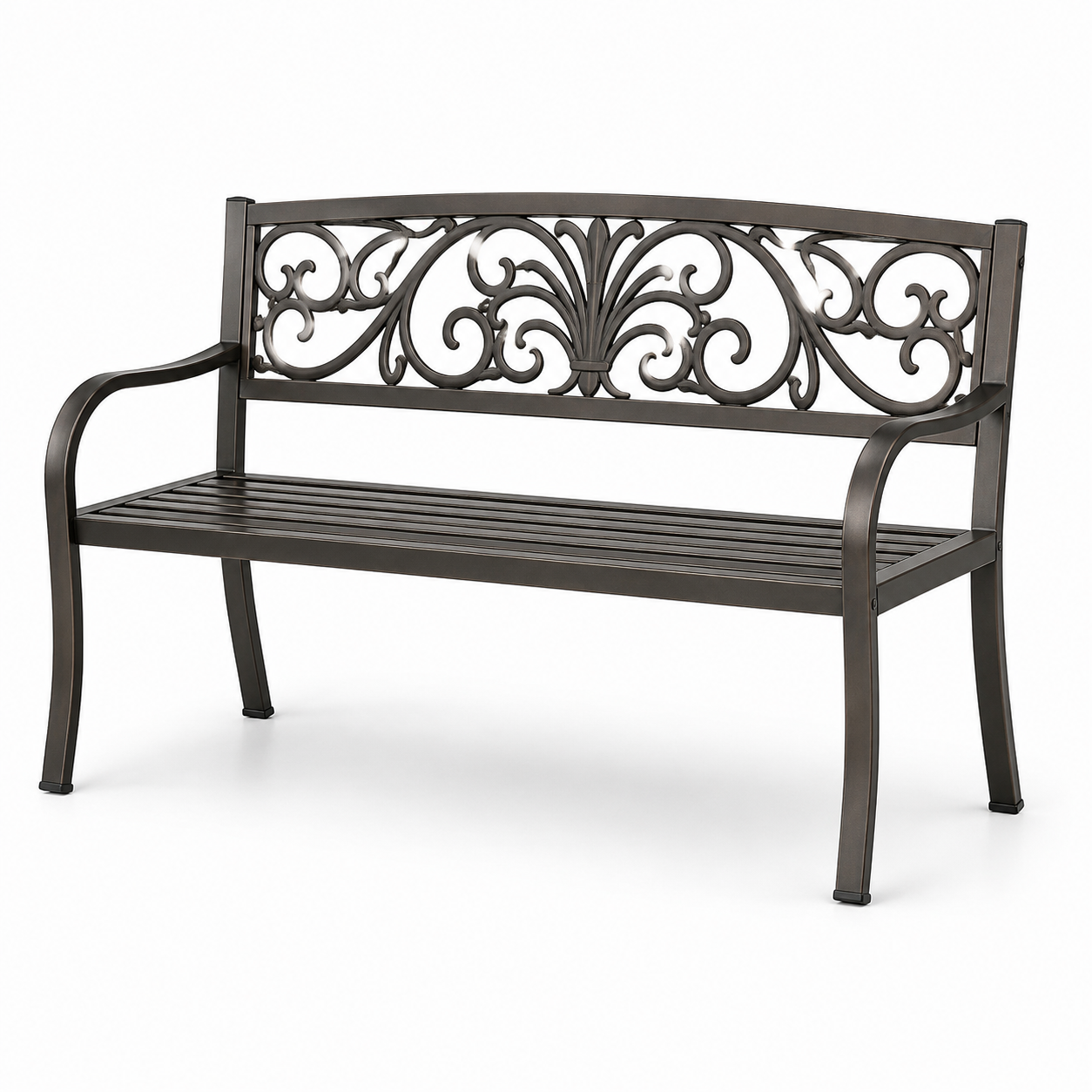 Gartenbank aus Metall mit ornamentaler Rückenlehne, 127 × 60 × 86 cm, Dunkelbraun