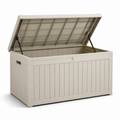 Garten-Aufbewahrungsbox aus Kunststoff mit Klappdeckel und Hubstützen, Beige, 120 × 55 × 63 cm