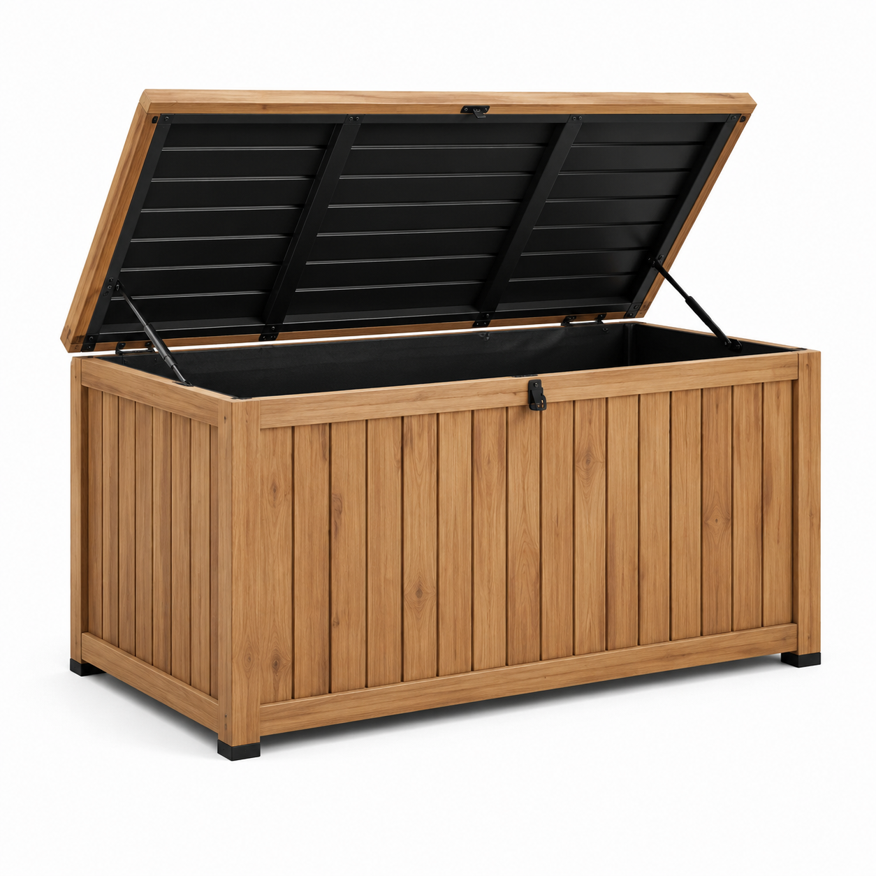 Garten-Aufbewahrungsbox aus Holz und Metall mit Klappdeckel, 150 × 65 × 75 cm, Braun/Schwarz