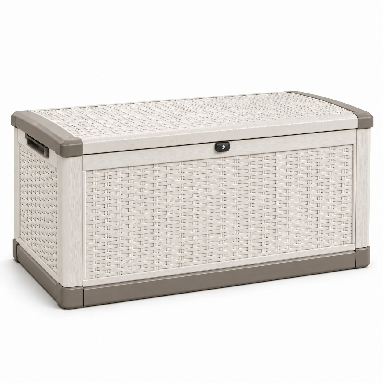 Garten-Aufbewahrungsbox mit Sitzfunktion, 120 × 55 × 60 cm, Weiß/Grau, Kunststoff in Rattanoptik