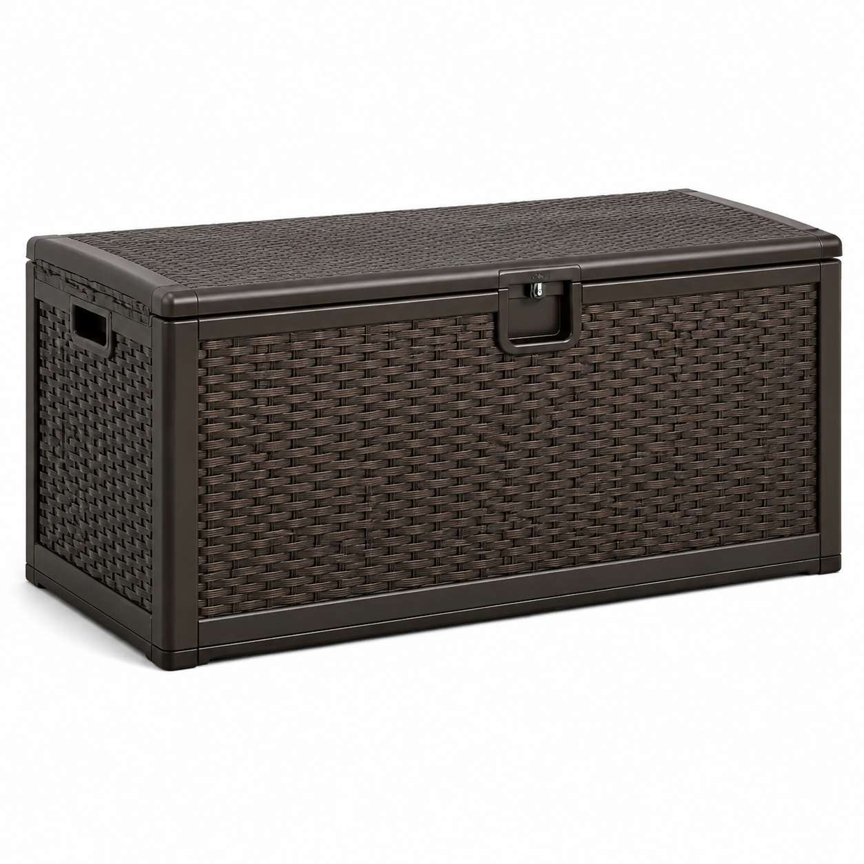 Auflagenbox aus Kunststoff in Rattanoptik, 120 × 55 × 60 cm, Dunkelbraun, mit abschließbarem Klappdeckel