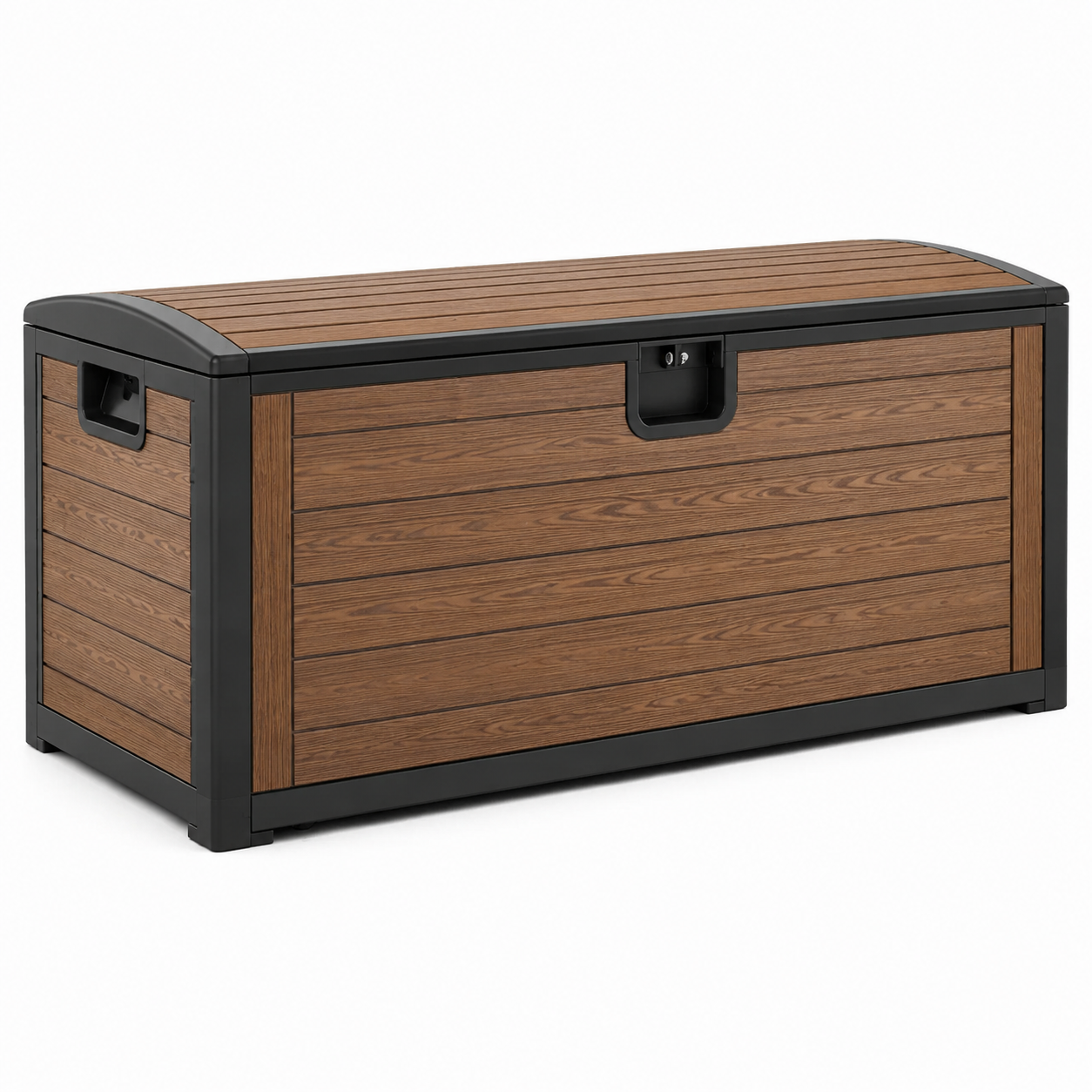 Abschließbare Garten-Aufbewahrungsbox aus Kunststoff in Holzoptik, Braun/Schwarz, 120 × 55 × 60 cm