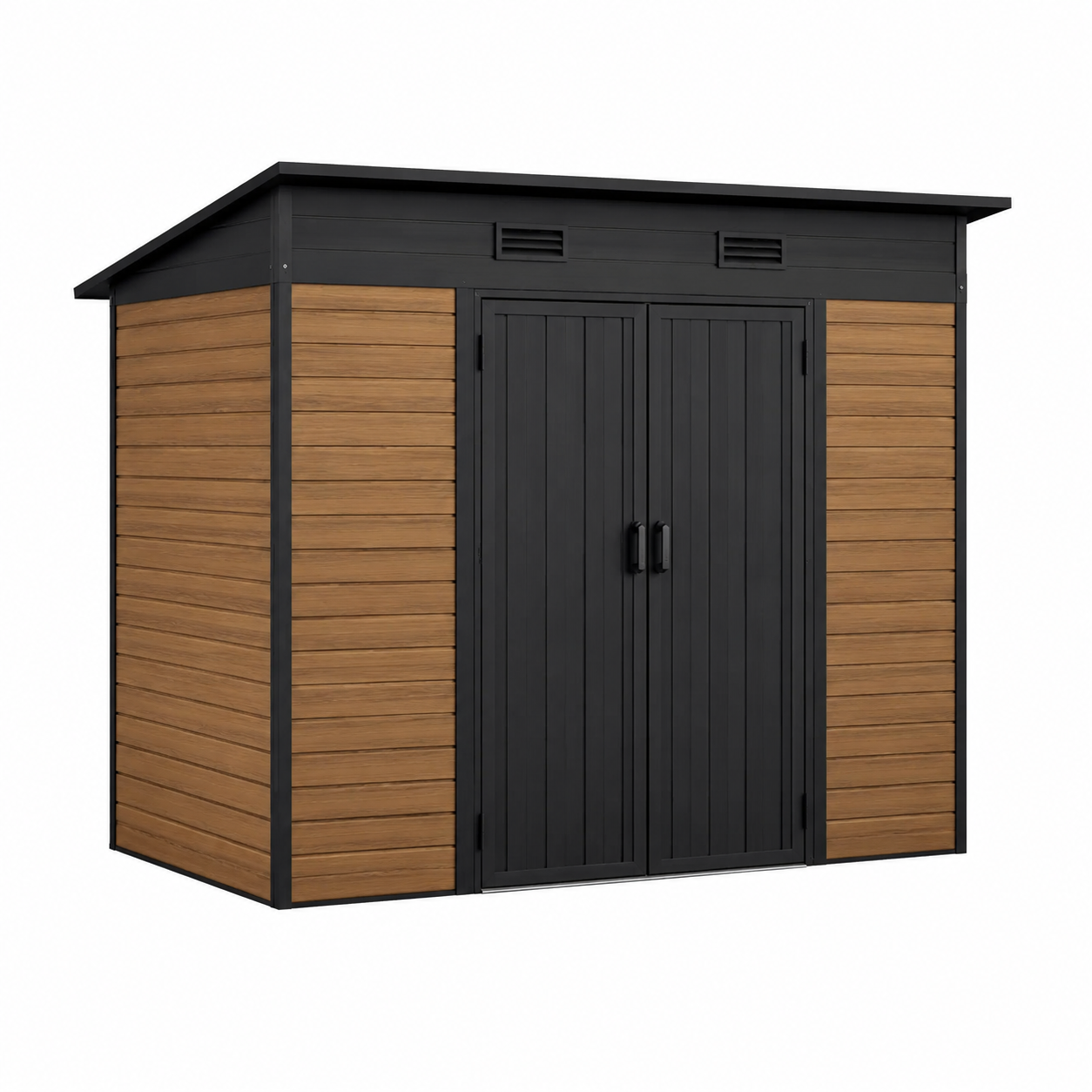 Gartenhaus aus Stahl 257 × 182 × 211 cm in Schwarz/Braun mit Doppeltür und Pultdach
