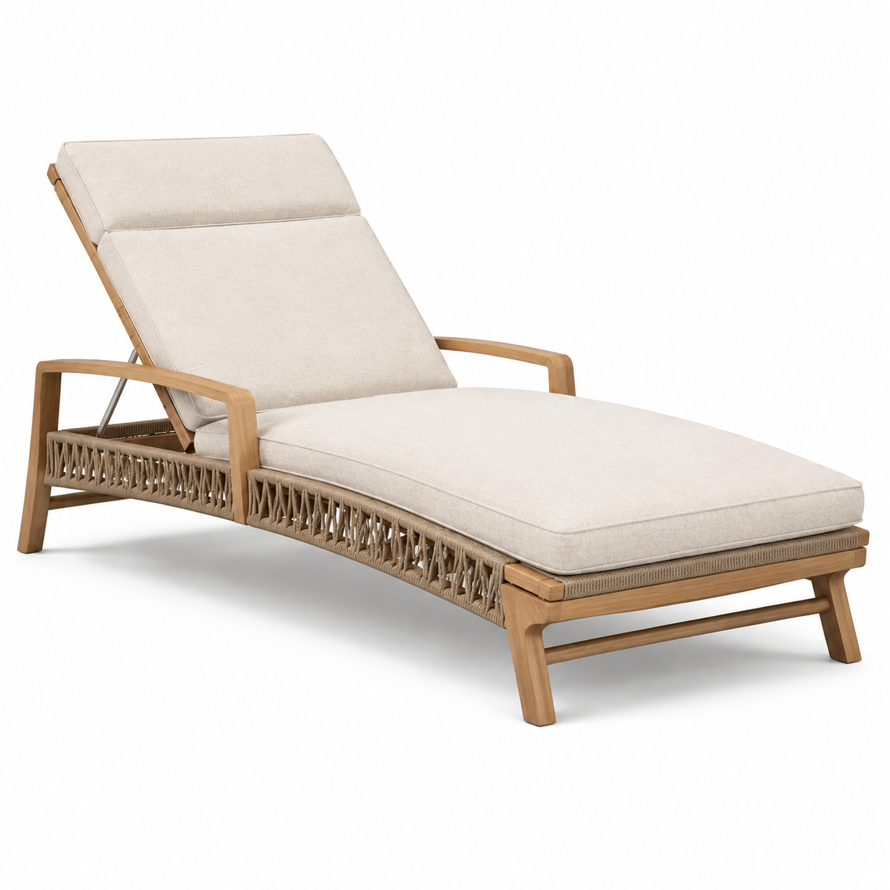 Sonnenliege aus Holz mit verstellbarer Rückenlehne und Seilgeflecht, 205 × 76 × 98 cm, Beige/Naturbraun