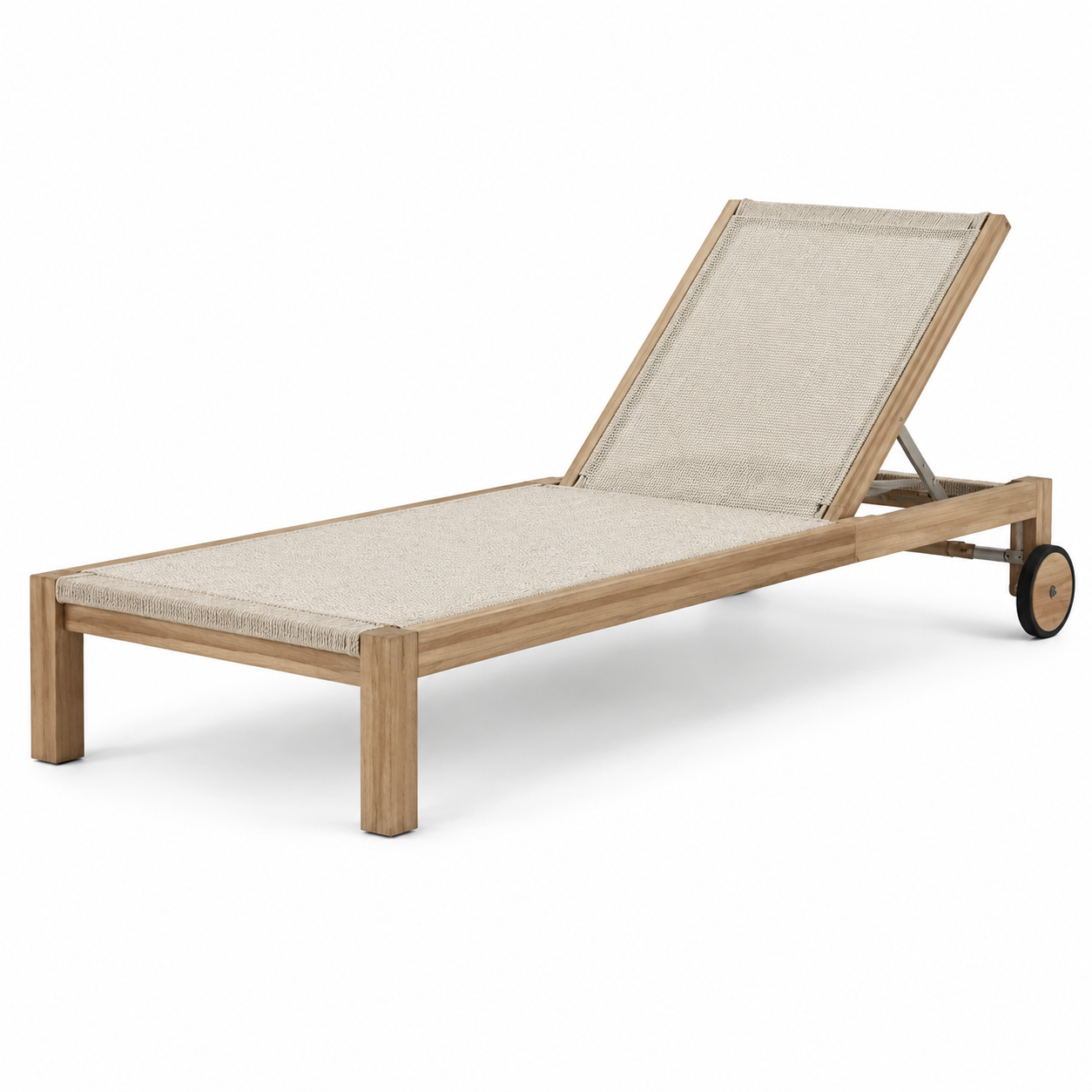 Verstellbare Gartenliege aus Holz und Textilgewebe mit Rollen, Natur/Beige/Schwarz, 200 × 70 × 95 cm