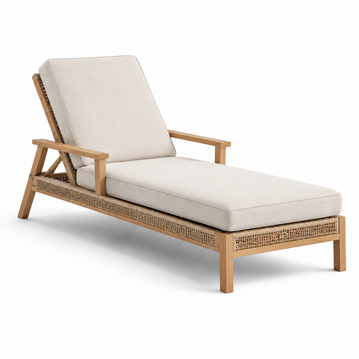 Gartenliege aus Holz mit Geflecht, verstellbarer Rückenlehne und Polstern, Creme/Naturbraun, 200 x 75 x 88 cm