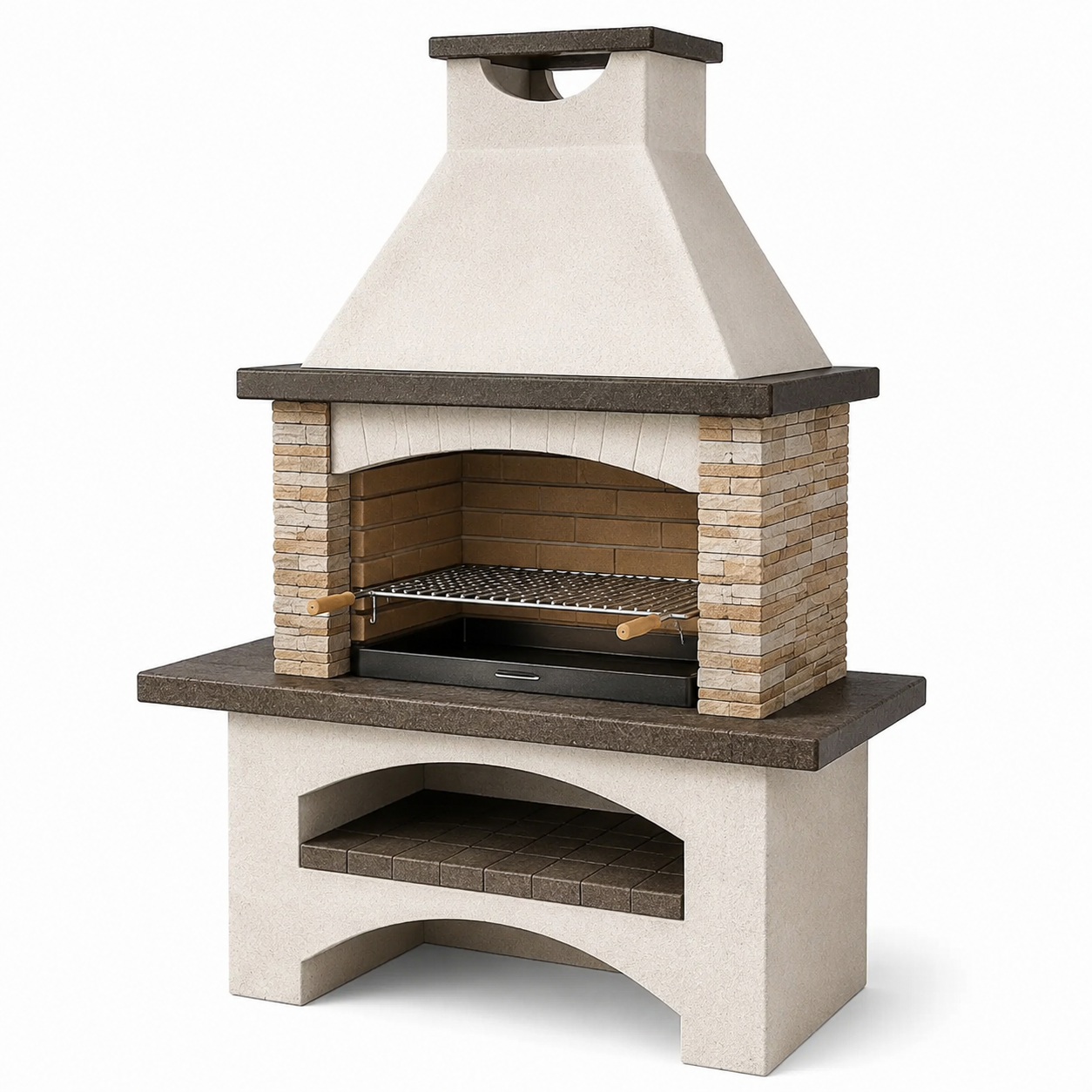 Freistehender Gartengrill aus Steinwerkstoff und Stahl, 120 × 70 × 210 cm, Beige/Braun/Schwarz, mit Abzugshaube, Grillrost, Auffangschale und Ablage