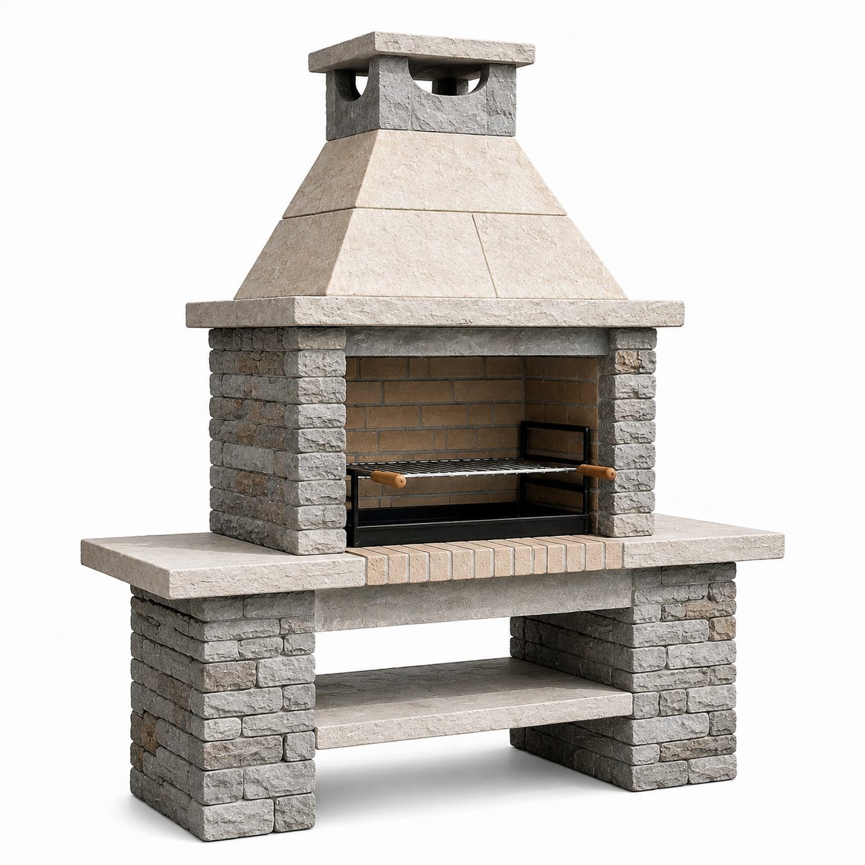 Rustikaler Grillkamin aus Betonstein in Beige und Grau, 160 × 70 × 210 cm, mit Grillrost und Ablagefach