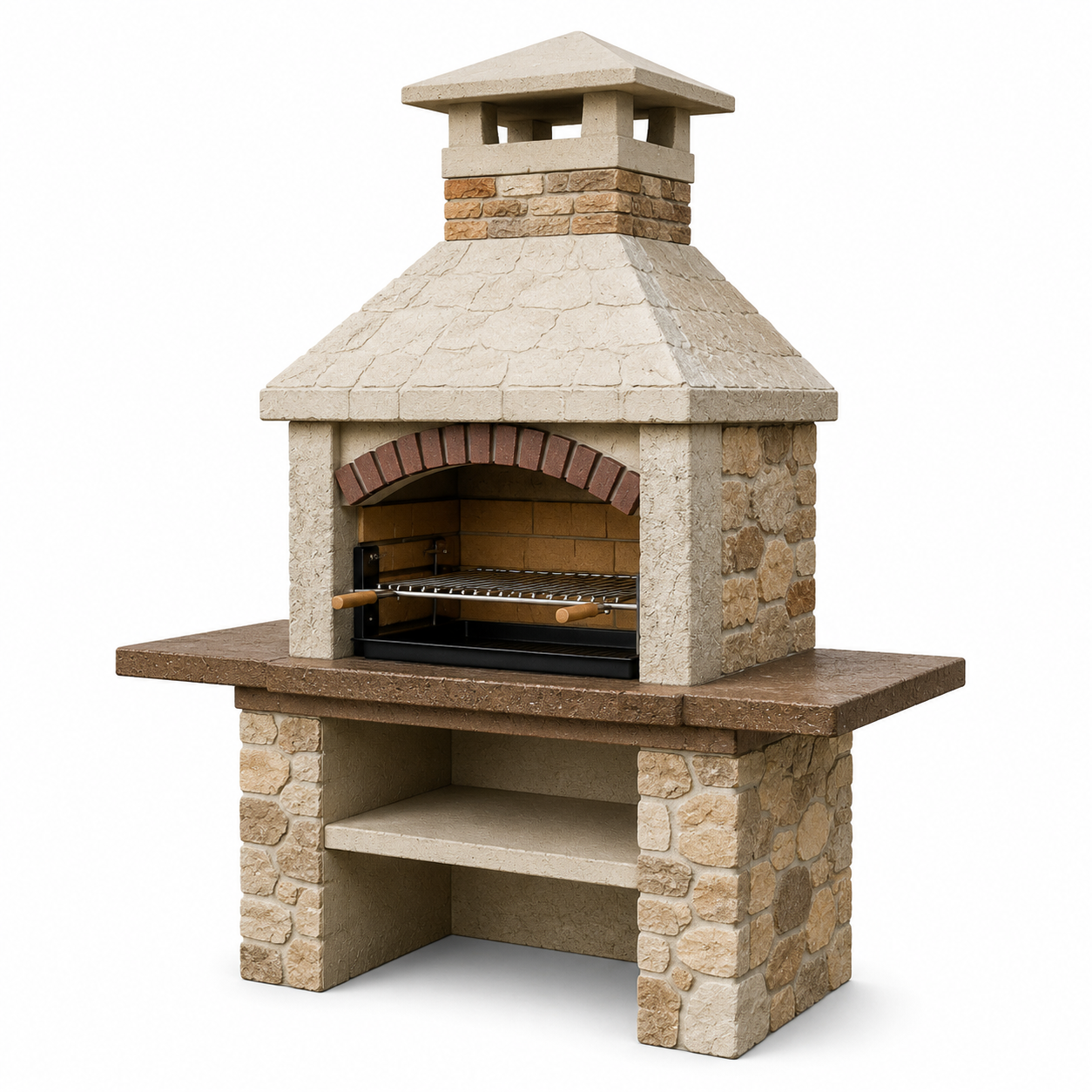 Stein-Gartengrill mit Rauchabzug, 160 × 70 × 220 cm, Beige/Braun/Schwarz, höhenverstellbarer Grillrost und Ablage