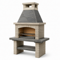 Gartenkamin mit Holzkohlegrill, Grillrost und Ablagefach, 110 × 65 × 210 cm, Grau/Beige/Braun