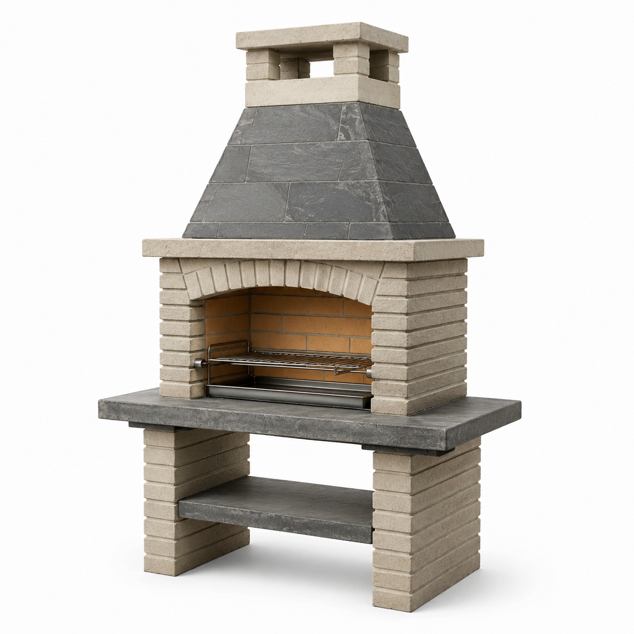 Gartenkamin mit Holzkohlegrill, Grillrost und Ablagefach, 110 × 65 × 210 cm, Grau/Beige/Braun