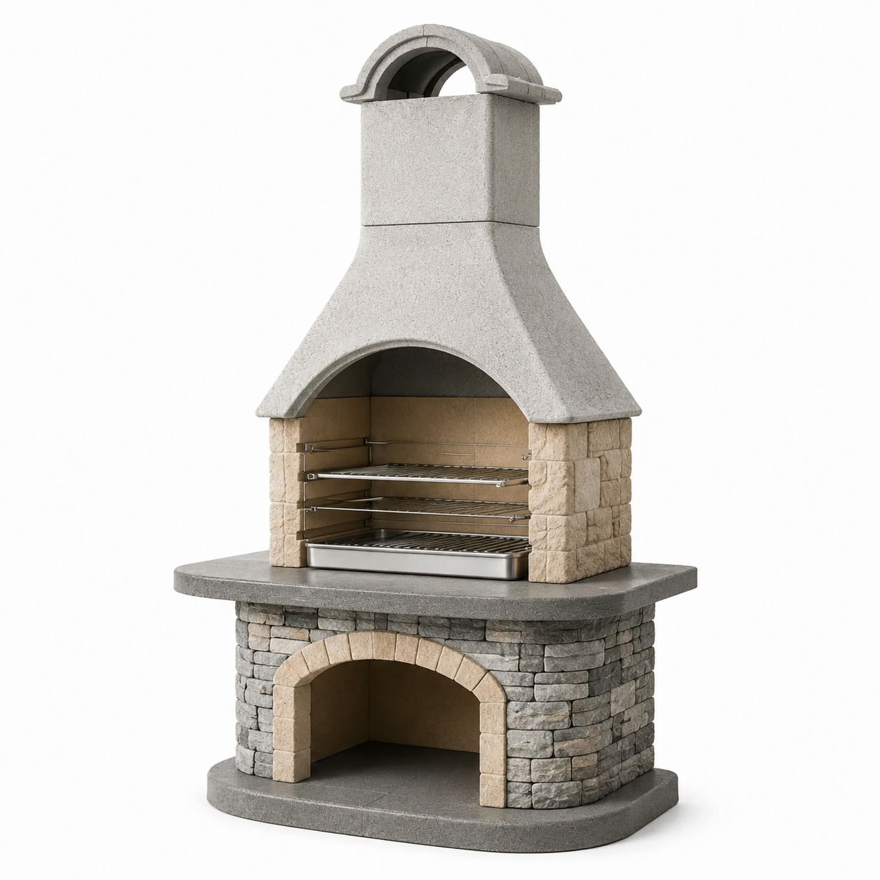 Holzkohle-Gartengrill aus Betonwerkstein mit Kamin und Edelstahlrosten, Grau/Beige/Silber, 110 × 65 × 220 cm