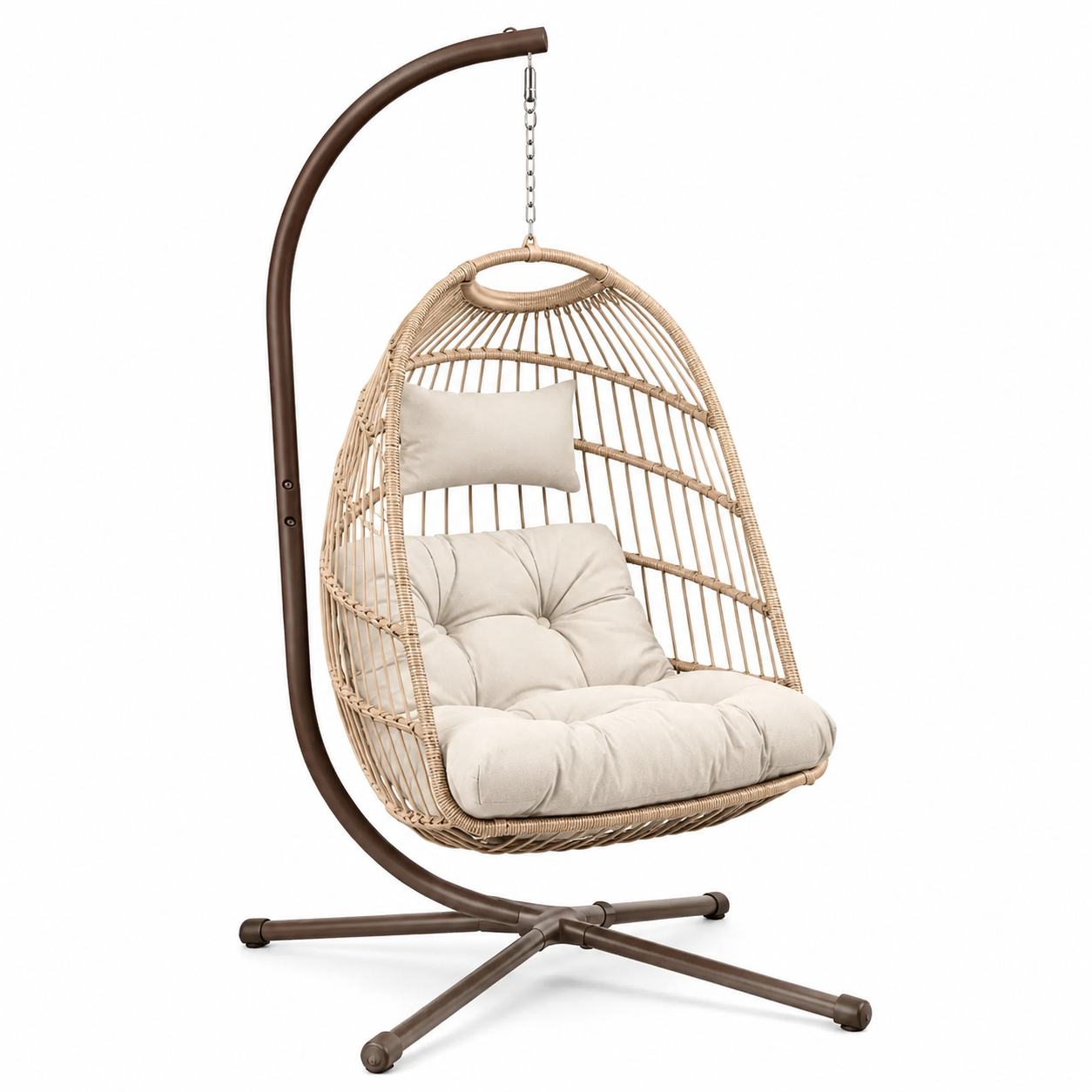 Freistehender Hängesessel mit Gestell und Polstern, Beige/Braun/Creme, 115 × 100 × 195 cm