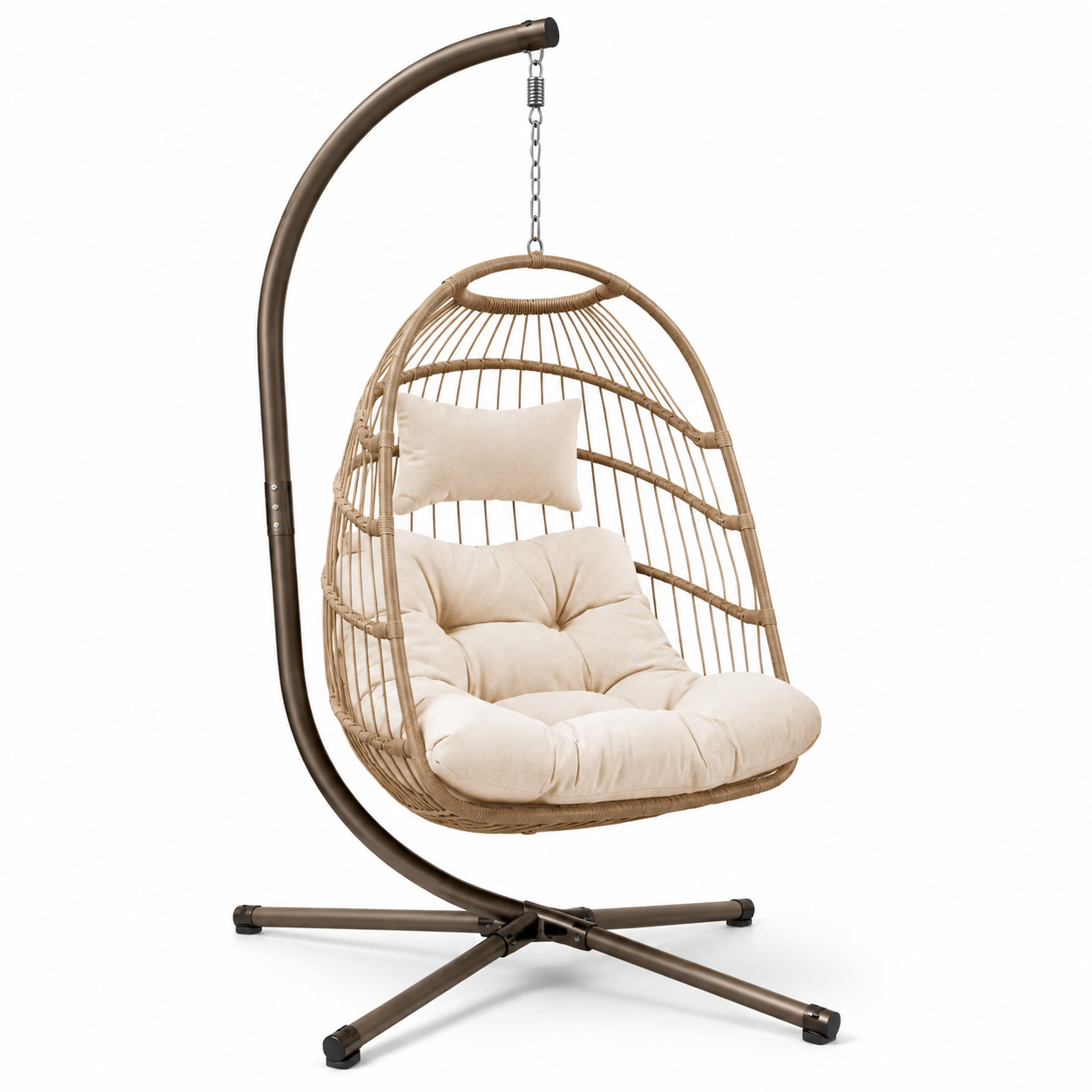 Freistehender Hängesessel mit Stahlgestell und Polstern, Beige/Braun, 110 × 110 × 195 cm