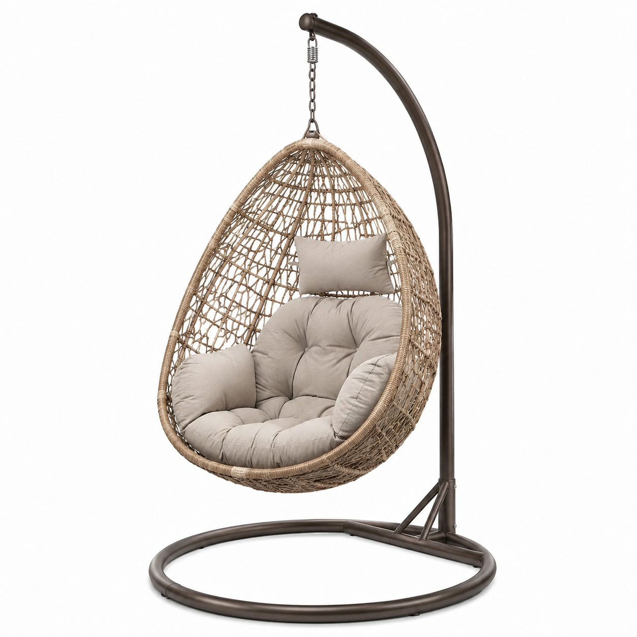 Freistehender Hängesessel aus Polyrattan mit Stahlgestell, 105 x 105 x 195 cm, Beige/Dunkelbraun